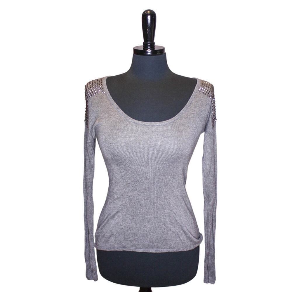 Express Gray Scoop Neck Sweater Studded Bling Shoulders Y2K Vintage S